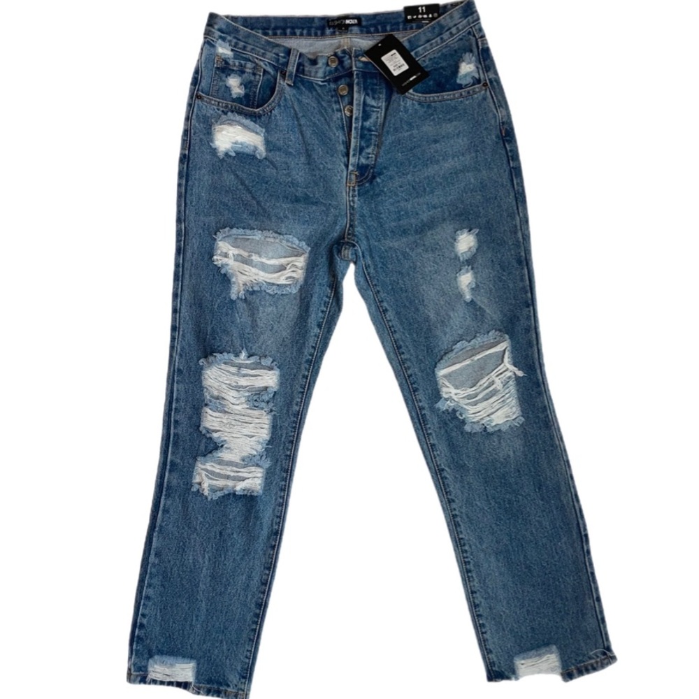 Denim jeans, distressed dark washed